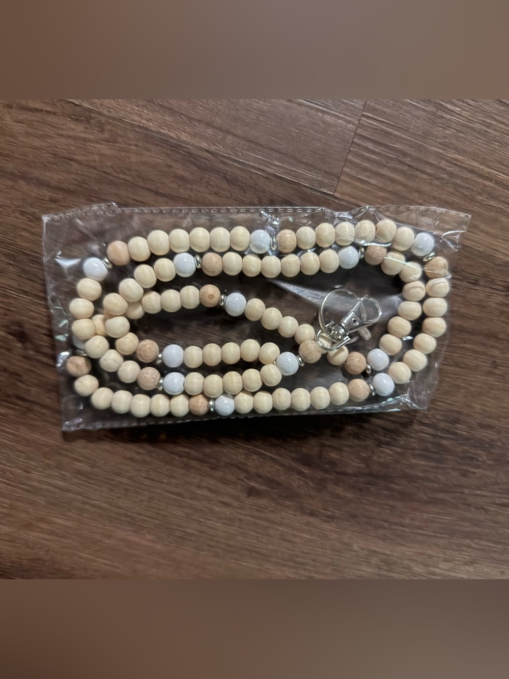 Beaded Lanyard Necklace with Natural Cream and White Beads